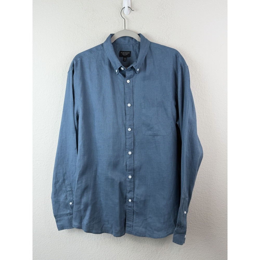 Club Monaco 100% Linen Shirt Men's XL Blue Slim Fit Button Up Long Sleeve Preppy